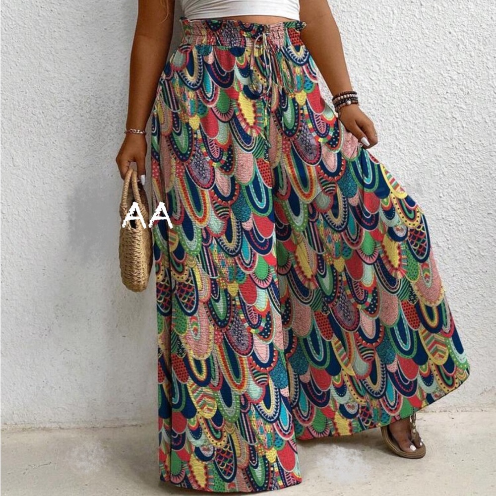 Plus Size Boho Abstract Geo Print Smocked  High Waist Wide Leg Palazzo Pants - Picture 4 of 4
